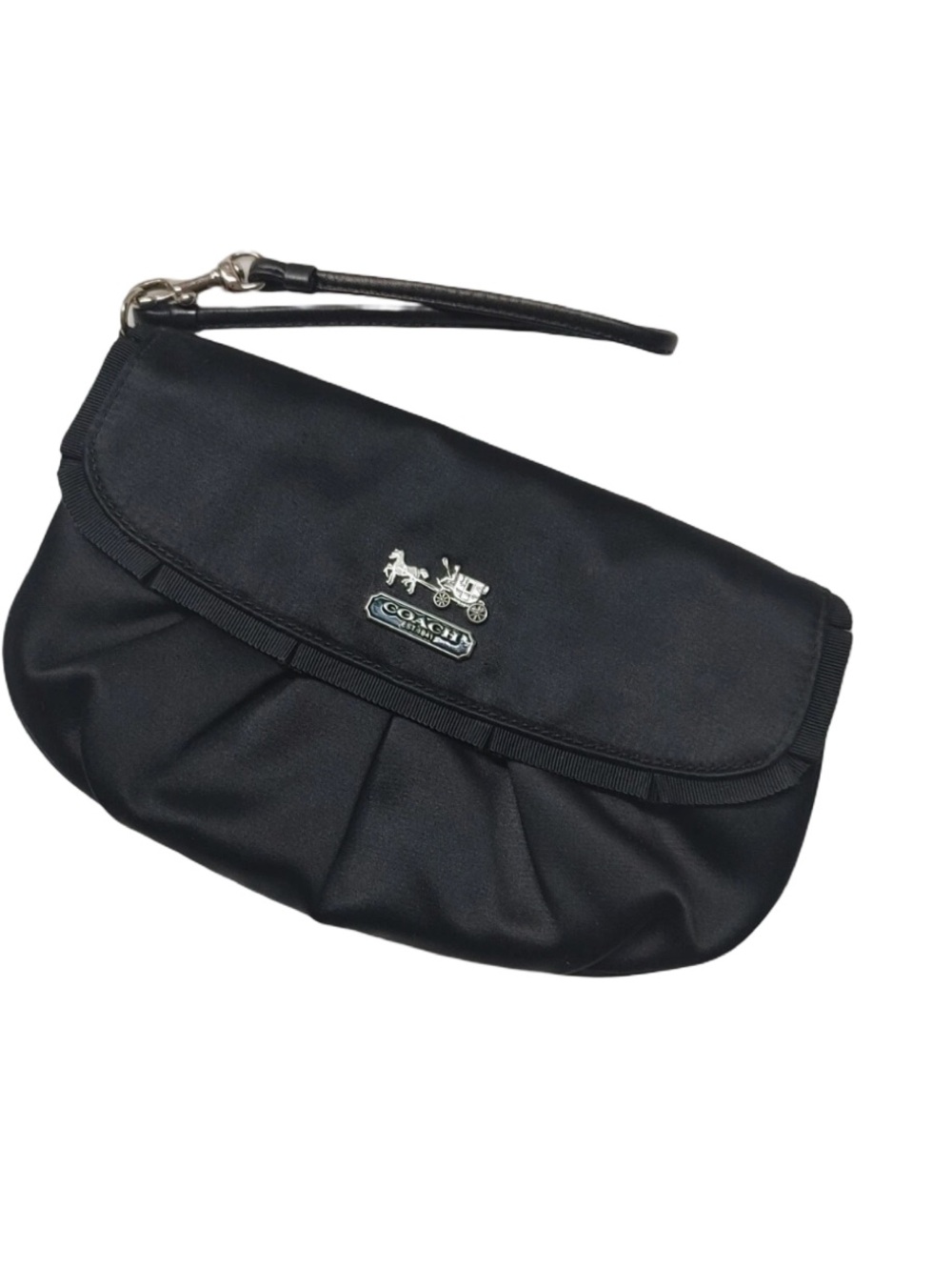 Coach Amanda Large Black Satin Wristlet Clutch & Silver Horse & Carriage Emblem